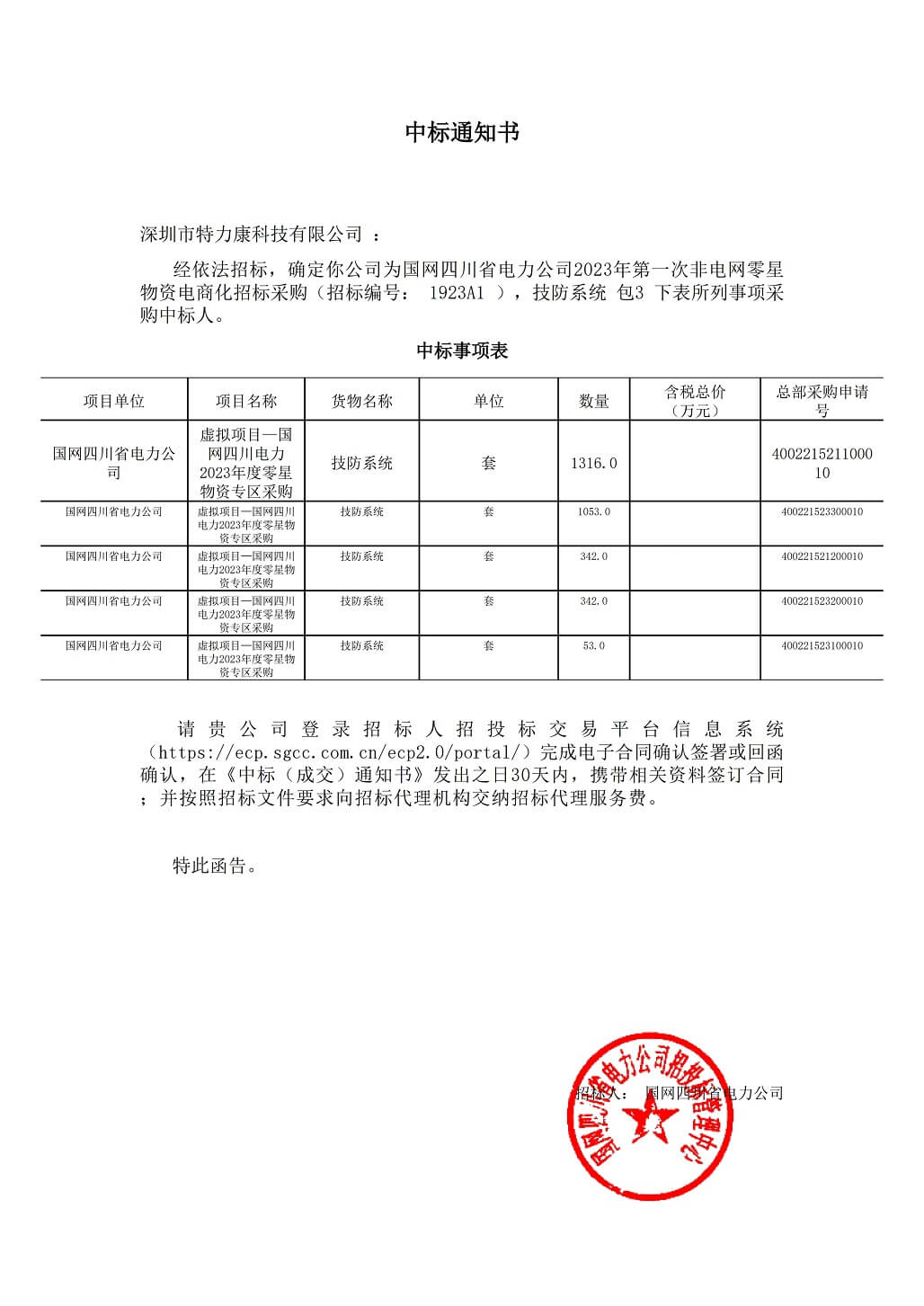 特力康科技成功中標國網四川省電力公司非電網零星物資電商化招標采購項目